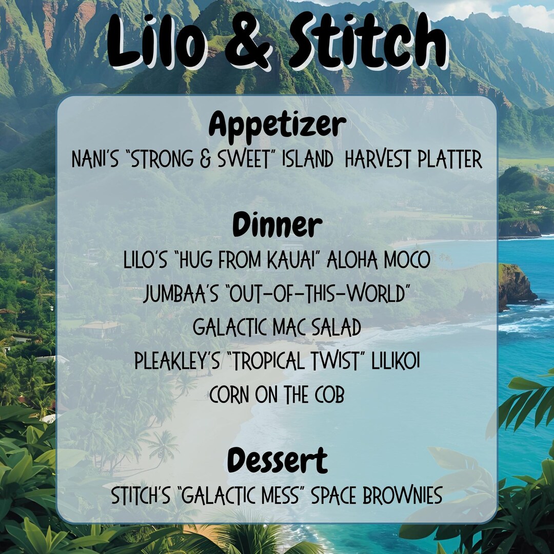 Stitch Diners Lilo And Stitch Live Action Dîner et boisson à thème menus MODIFIABLES ...