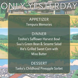 Only Yesterday THEMED Dinner and Cocktail Menus (Includes Grocery List, Cooking Plans, Meal Prep Plans, Menu Cards, etc.)!