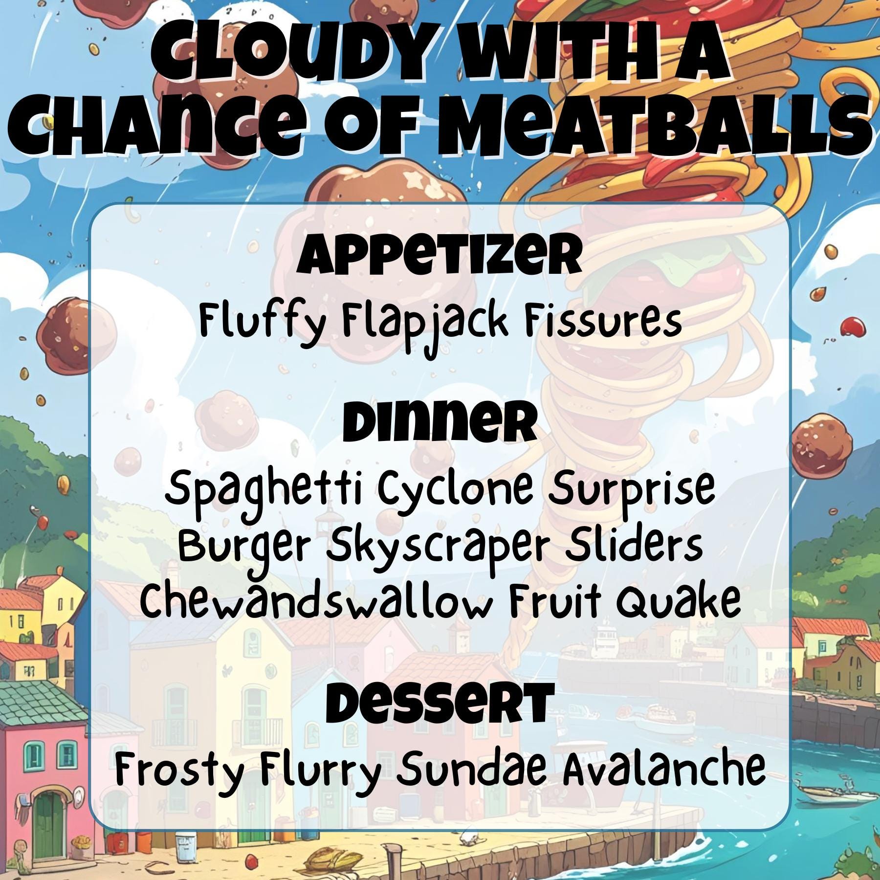 Cloudy With a Chance of Meatballs Dinner Menu, Cocktail Recipes ...