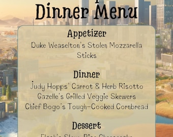 ズートピア 編集可能なディナー＆ドリンクメニュー（食料品リスト付き）