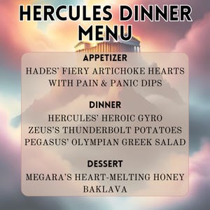 Hercules THEMED Dinner and Cocktail Menus (Includes Grocery List, Cooking Plans, Meal Prep Plans, Menu Cards, and more)!