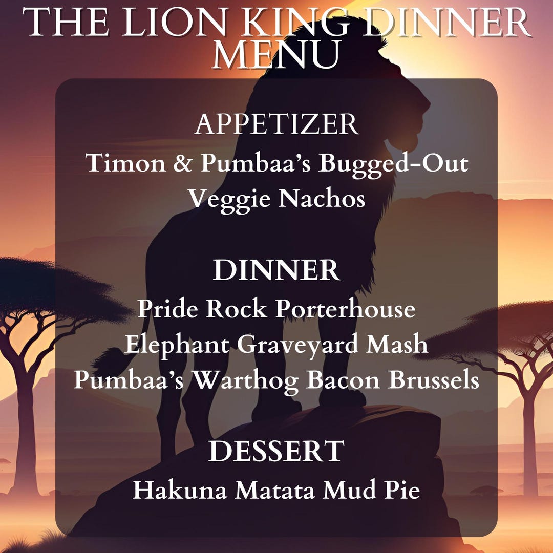 The Lion King Dinner and Cocktail Menus includes Grocery List, Cooking ...