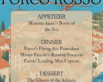 Porco Rosso Dinner Menu, motyw Studio Ghibli, edytowalny szablon Canva