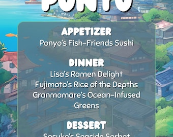 Ponyo-inspirerad middags- och dryckesmeny (digital nedladdning)