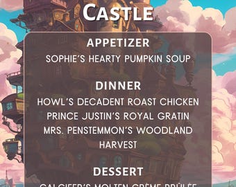 Cardápios editáveis para jantar e bebidas inspirados em O Castelo Animado: Receitas, Lista de Compras (Download Digital)