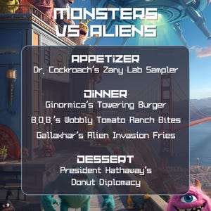 May include: A promotional image for the animated film "Monsters vs. Aliens" featuring a menu with appetizers, dinner, and dessert options. The menu includes items like "Dr. Cockroach's Zany Lab Sampler" and "President Hathaway's Donut Diplomacy."