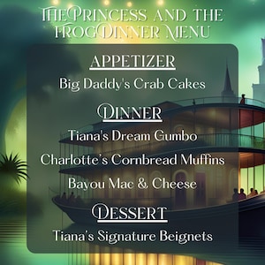 The Princess And The Frog Abend- und Cocktailmenüs (mit Einkaufsliste, Kochplänen, Menükarten usw.)!