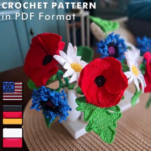 May include: Crochet flower bouquet in a white vase. The bouquet includes red, white, and blue flowers. The text "CROCHET PATTERN in PDF Format" is at the top of the image.