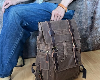 Handmade Durable Waxed Canvas Waterproof Backpack, Unisex Outdoor Travel Bag, Laptop Bag for Men, Hiking Backpack, Gift for Him