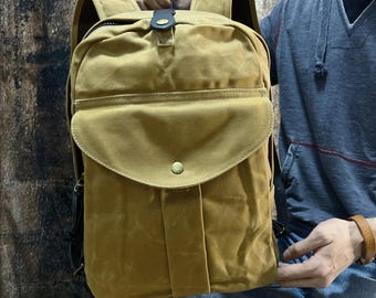 Waxed Canvas Backpack for Men – Waterproof Hiking Travel Rucksack, 15.6" Laptop Bag, Vintage Leather Trim, Gift for Him
