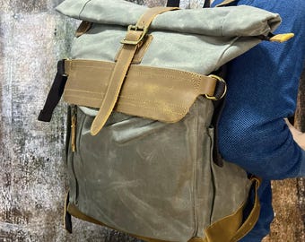 Men Waxed Canvas Backpack, Crazy Horse Leather Travel Backpack, Vintage Outdoor Laptop Rucksack with Leather Trim