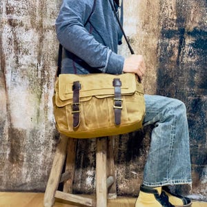 Vintage Canvas Camera Bag Waterproof Crossbody for Men Women, Leather Trim Shoulder Bag for Travel Photography