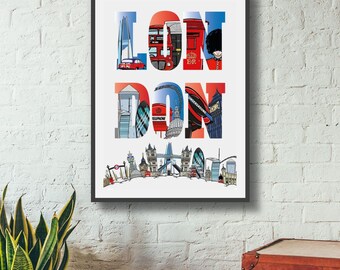 London Typography Print – Iconic Landmarks Skyline Artwork UK City Poster