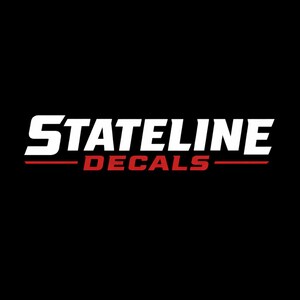 May include: Black background with the white text "STATELINE" above the red text "DECALS". The text is in a bold, sans-serif font. A red horizontal line underlines the word "STATELINE" and another underlines "DECALS".