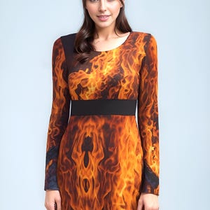 Fiery Flame Print Long Sleeve Dress: Halloween Costume