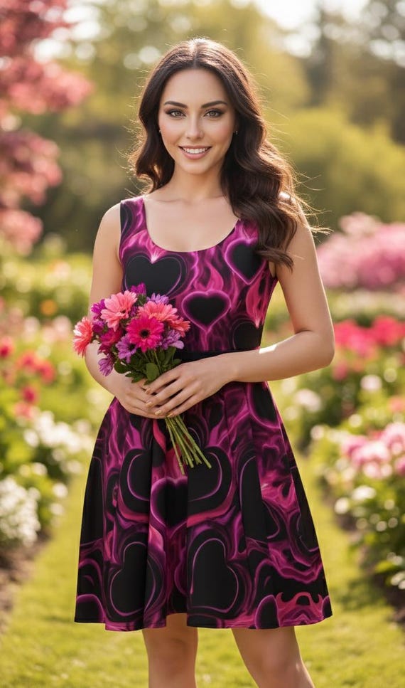 Flaming Hearts Skater Dress: Bold Festival Fit & Flare Outfit Flaming Hearts Skater Dress: Bold Festival Fit & Flare Outfit