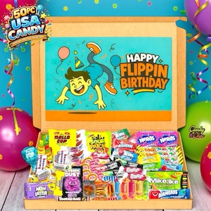 May include: A wooden box overflowing with sweets, such as Nerds, Airheads, and Mike and Ike. The box features a cartoon illustration with the words "Happy Flippin Birthday". The box is decorated with balloons and the text "50PC USA CANDY".
