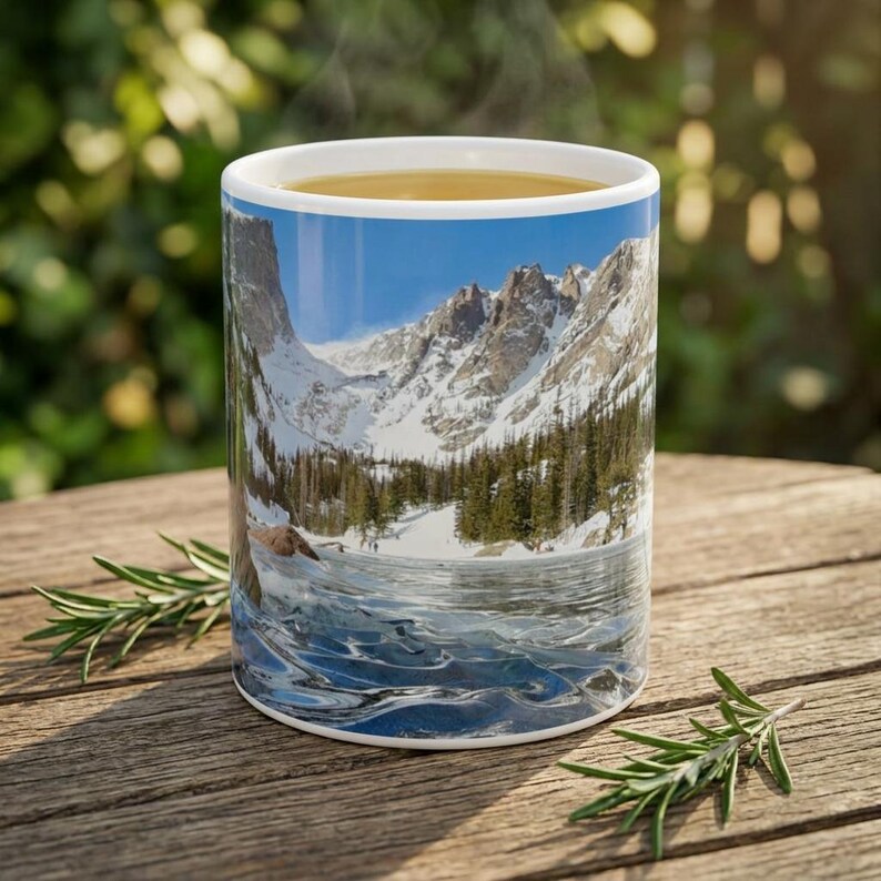 Taza del Parque Nacional de las Montañas Rocosas - Taza de café de cerámica con diseño de olas de hielo congeladas en el lago Dream - Regalo de fotografía de naturaleza de Colorado 325 ml / 444 ml imagen 5