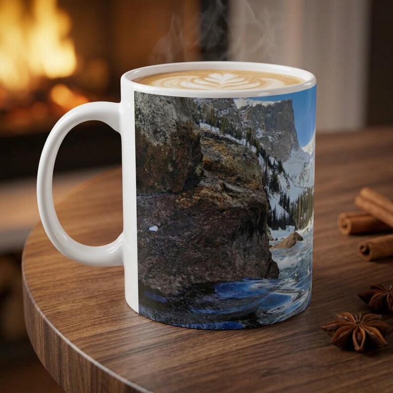 Taza del Parque Nacional de las Montañas Rocosas - Taza de café de cerámica con diseño de olas de hielo congeladas en el lago Dream - Regalo de fotografía de naturaleza de Colorado 325 ml / 444 ml imagen 6