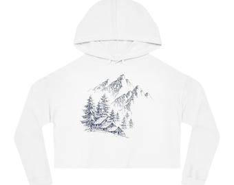 Mountain Cabin Cropped Hoodie, Women's Ski Lodge Sweatshirt, Cozy Winter Crop Top, Minimalist Cabin Sketch Hooded Shirt, Mountain Retreat