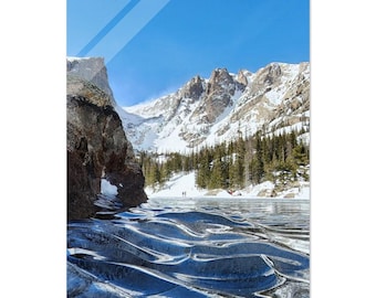 Vibrant Acrylic Print of Dream Lake – Rocky Mountain National Park, Colorado, scenic mountain photo, frozen lake, snowy peaks