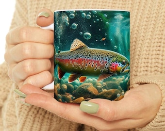 Taza de café con trucha arcoíris realista: diseño vibrante de pez submarino, ideal para pescadores y amantes de la pesca con mosca.