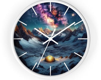 Alpine Mountain Camp Wall Clock, Starlit Mountain Clock, Night Sky Wall Decor, Camping Adventure Clock, Rustic Cabin Decor