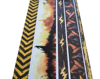 Washi Tape SAMPLE | Witchy Theme | Grunge caution, Haunted, Lightning, Broomstick & Yellow Grunge - 36” SAMPLE Length