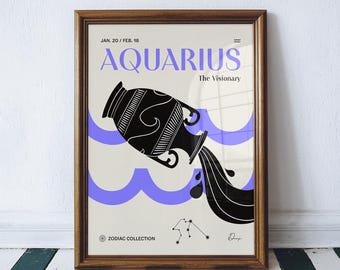 Póster colorido del signo zodiacal Acuario / Ilustración minimalista de jarrón griego / Arte mural y decoración del horóscopo (descarga digital)