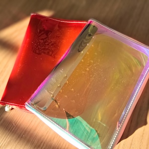 May include: Two clear plastic zippered pouches, one red and one iridescent. The iridescent pouch has a rainbow sheen.