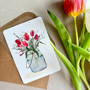 Postkarte - A6 - Tulpen - Frühling - Blumenstrauß - Karte - Geburtstagskarte - kleiner Gruß - Aquarelle - handgemalt - Naturpapier