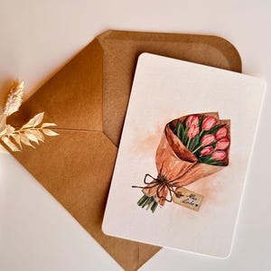 Postkarte - A6 - Tulpen - Frühling - Blumenstrauß - Karte - Geburtstagskarte - kleiner Gruß - Aquarelle - handgemalt - Naturpapier - Liebe