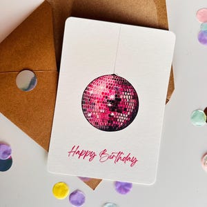 Postkarte - A6 - Discokugel - Geburtstag - Happy Birthday - Geburtstagskarte -  kleiner Gruß - Aquarelle - handgemalt - Naturpapier - Party