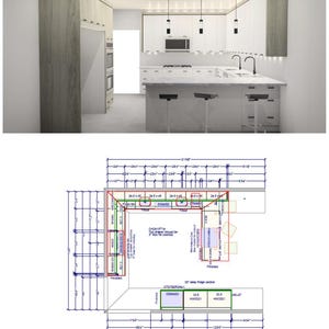 Può includere: Un design moderno per la cucina con mobili bianchi, un'isola con piano in marmo e elettrodomestici in acciaio inossidabile. Il design comprende luci a sospensione e un forno a microonde integrato. L'immagine include anche una planimetria dettagliata.