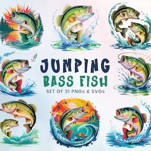 Paquete de imágenes prediseñadas de lubina saltando, PNGs divertidos de lubina, SVGs de arte mural de pesca, ilustraciones digitales de peces, diseños de acuarela de pesca