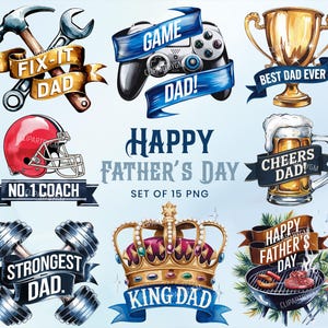 Happy Father's Day clipartbundel, aquarel clip art png's, beste vader ooit png digitale download, transparante achtergrond met commercieel gebruik