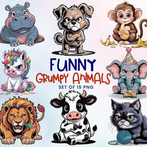 Watercolor Funny Grumpy Animals Clipart Bundle, 15 Cute Angry Animals PNGs, Cartoon Animals SVG, Transparent Background with Commercial Use