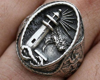 Lighthouse Ring for Men, Nautical Stainless Steel Jewelry, Ocean Sailor Statement Accessory