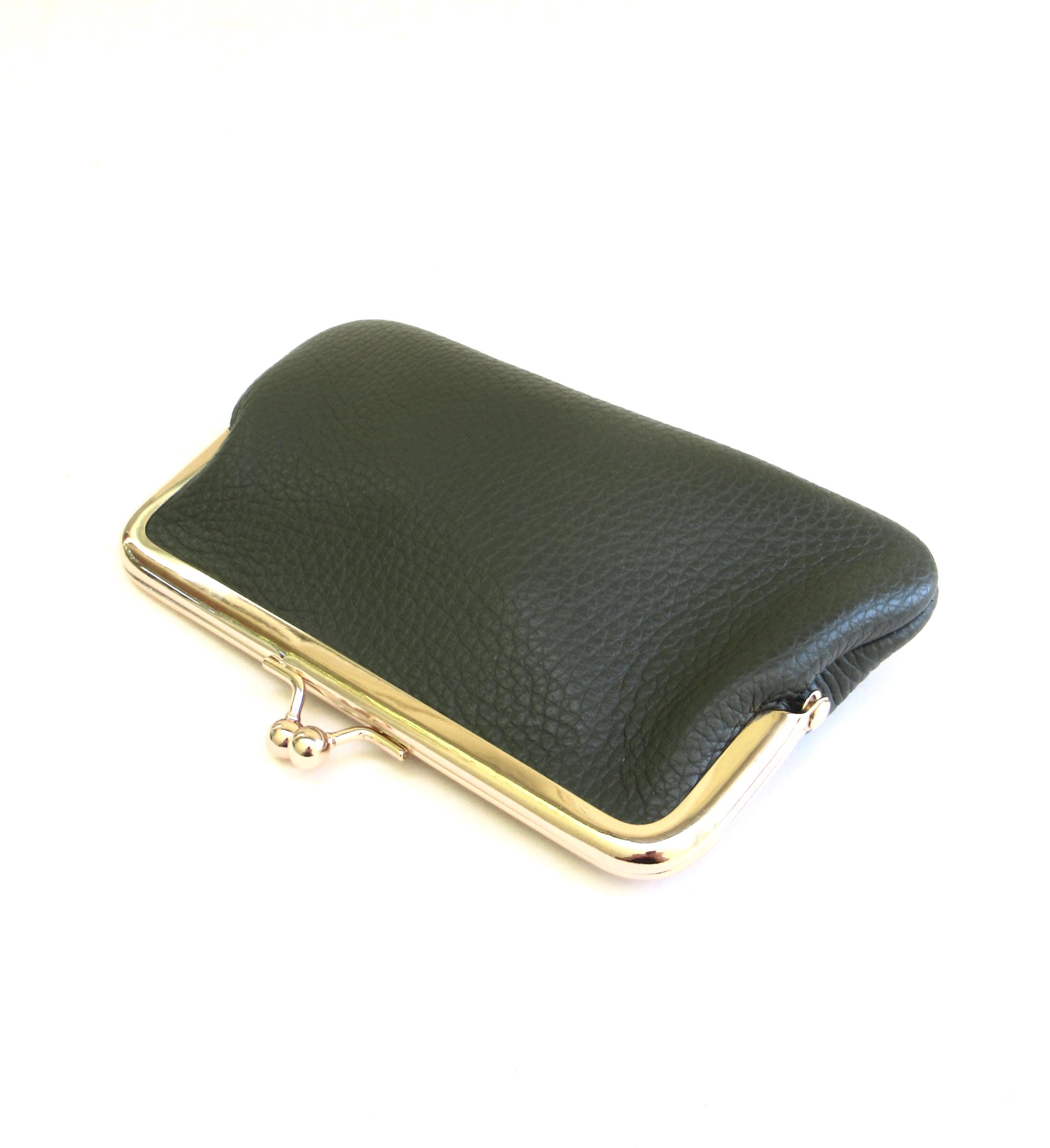 Italian Sage Green Pebbled Leather Kisslock Coin Purse kiss