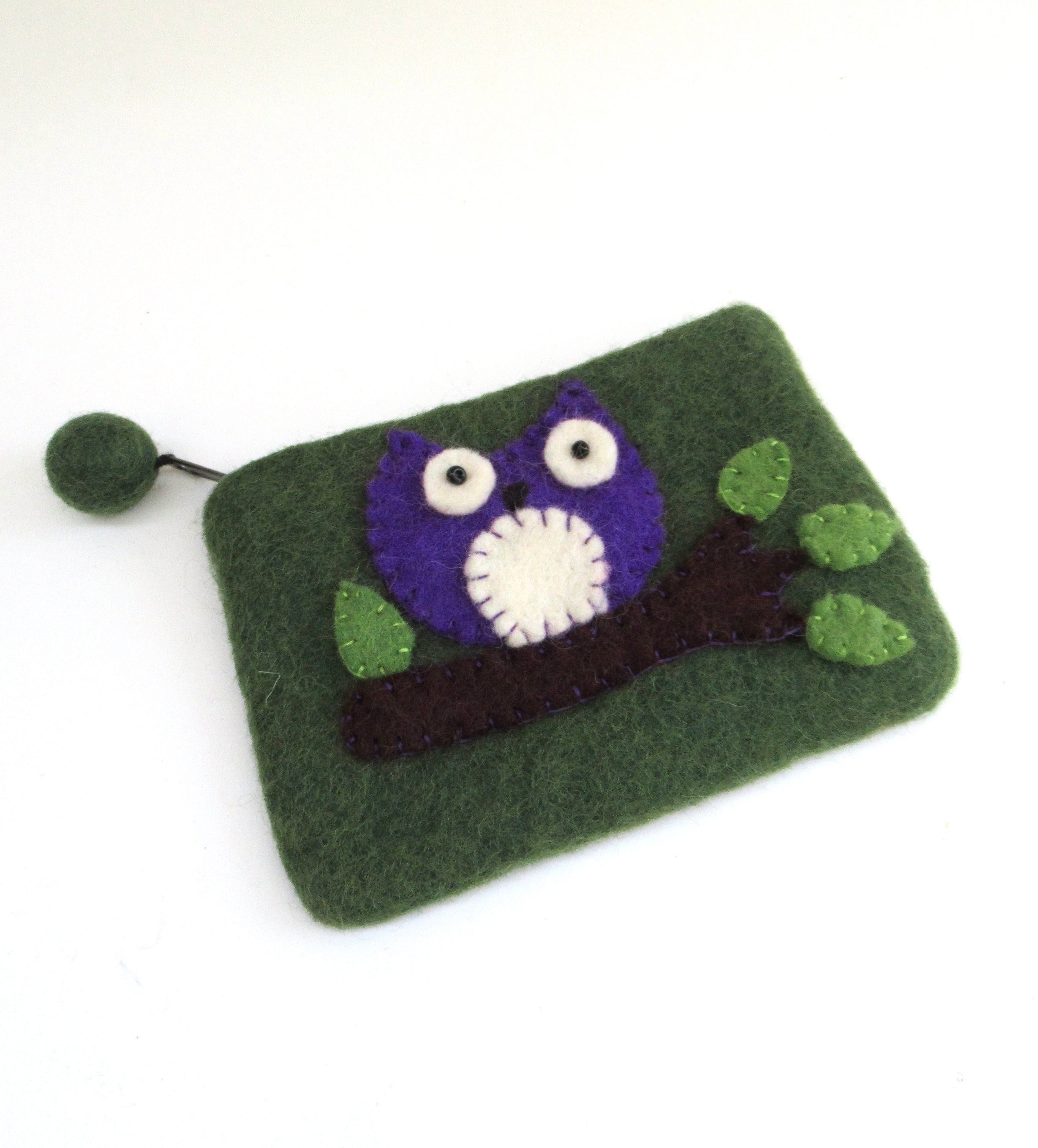 charming felted wool  bag   ...  compact mini owl clutch   ...  purse   ...   hand made in nepal