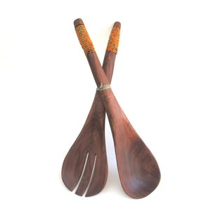 Kenyan wooden salad servers   ...   hand carved utensils  ...    handmade in Kenya Africa  ...   African beaded wooden utensils