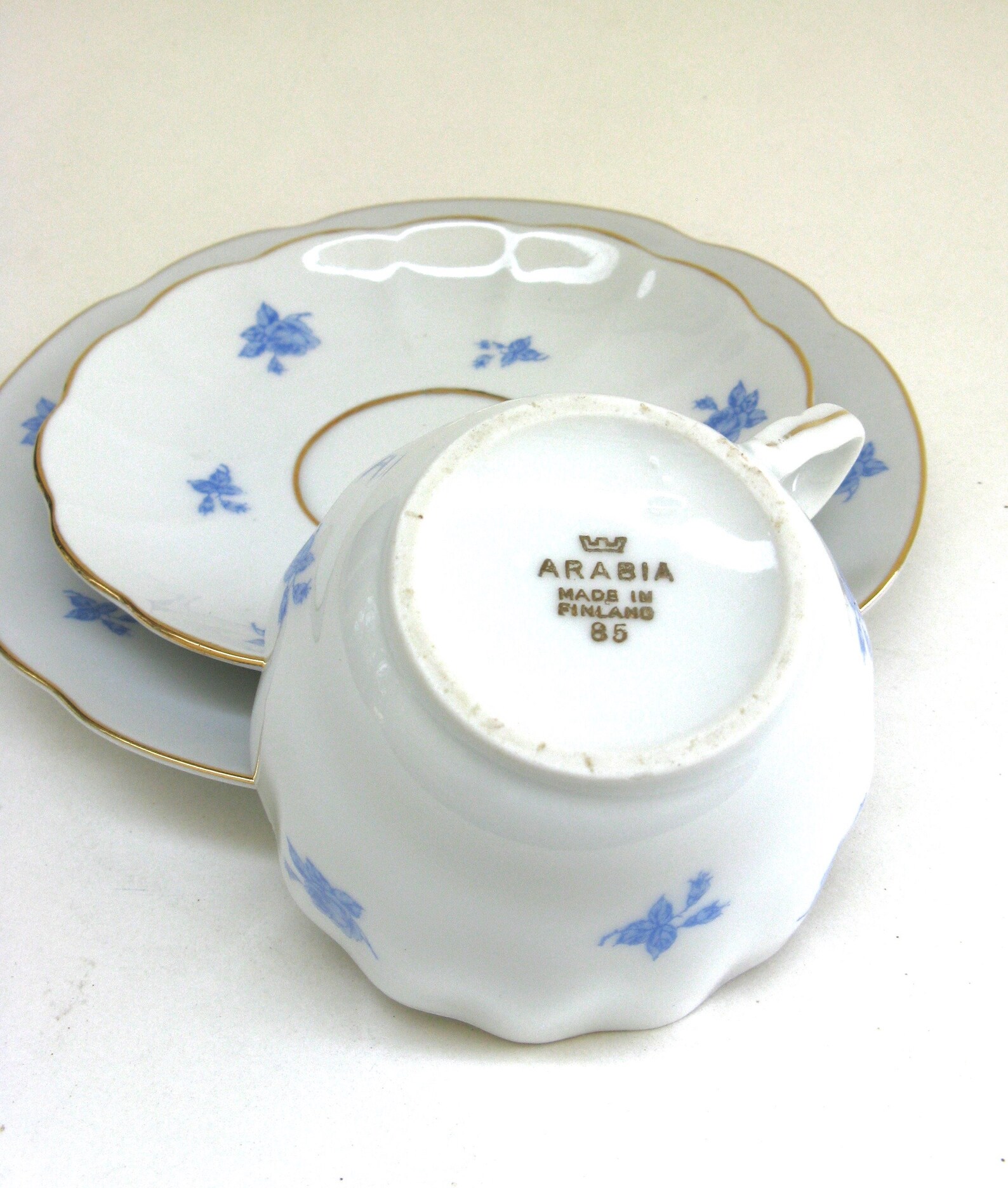 Vintage ARABIA Blue Rose . White Porcelain Cup Saucer and
