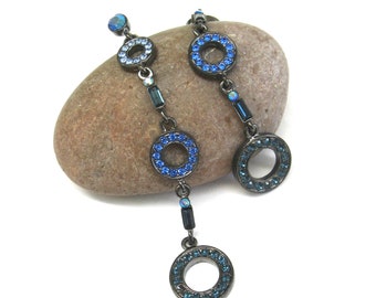 vintage earrings   ...  blue rhinestone bling   ...    long and elegant art deco dangle earrings
