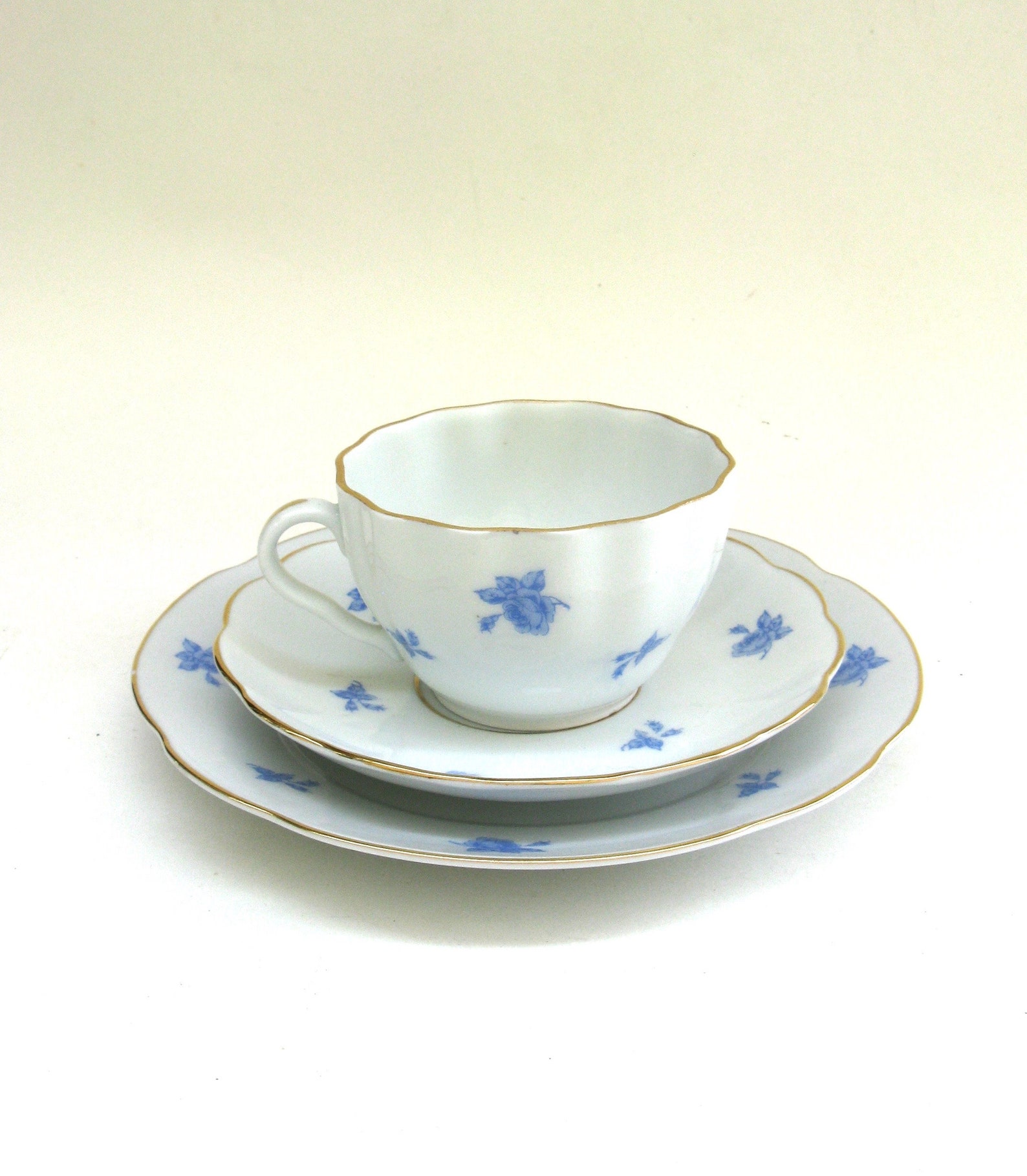 Vintage ARABIA Blue Rose . White Porcelain Cup Saucer and