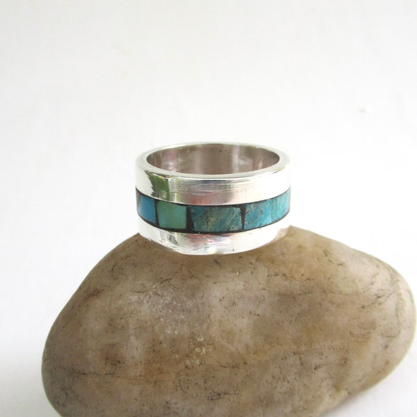 vintage Navajo Zuni artisan hand made sterling silver and turquoise ring  ...  Carlos Diaz ...  geometrical   ...  handmade