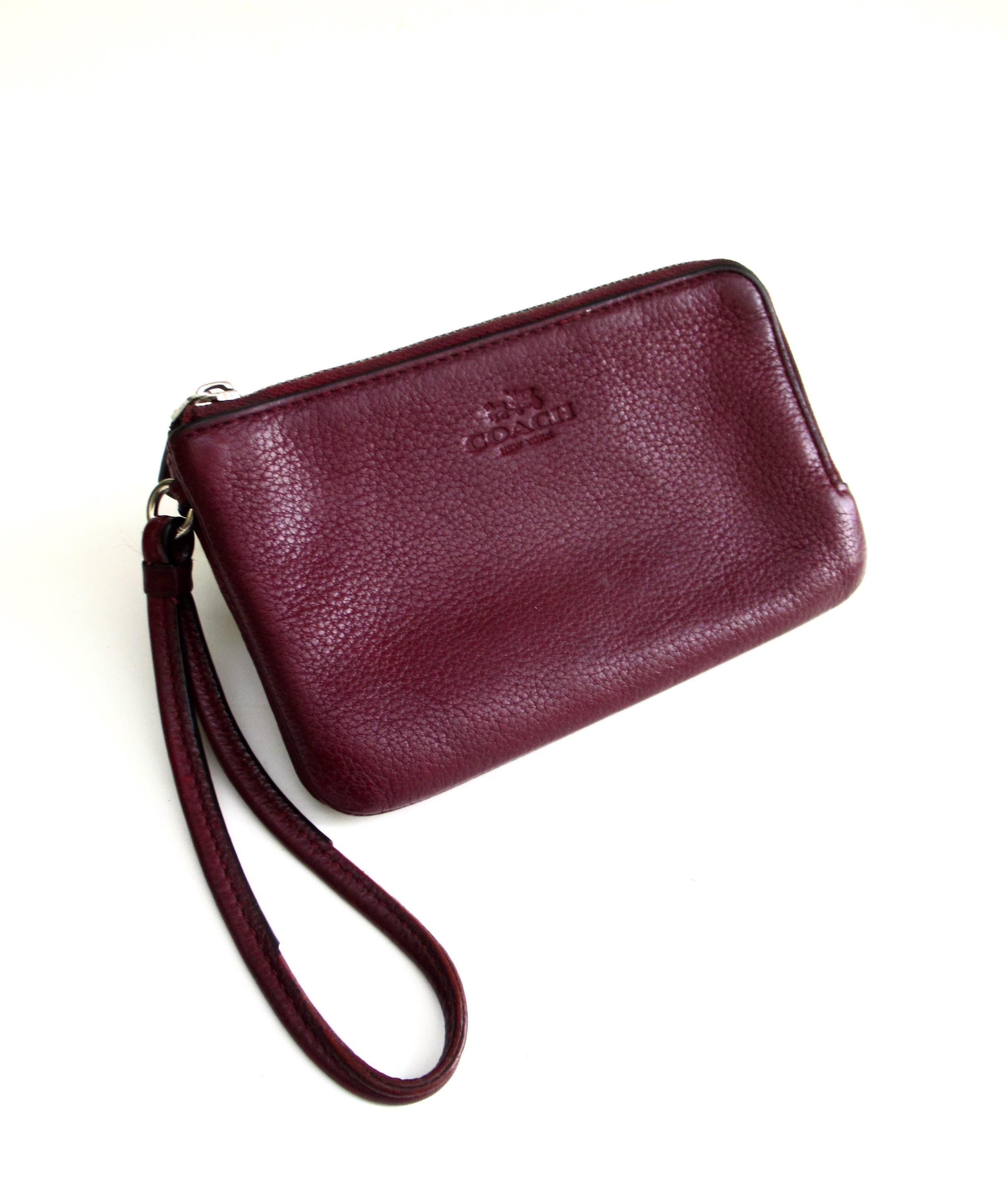Vintage Coach Burgundy Brown Pebbled Leather Corner Double Zip