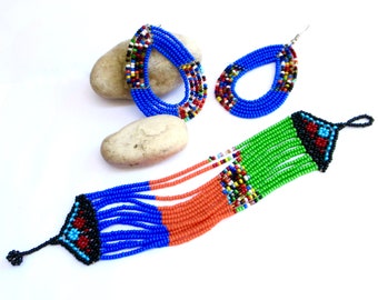 Kenyan statement  earrings and bracelet  ...   multi colored  beaded  earrings  and  bracelet ...   kenya aftica