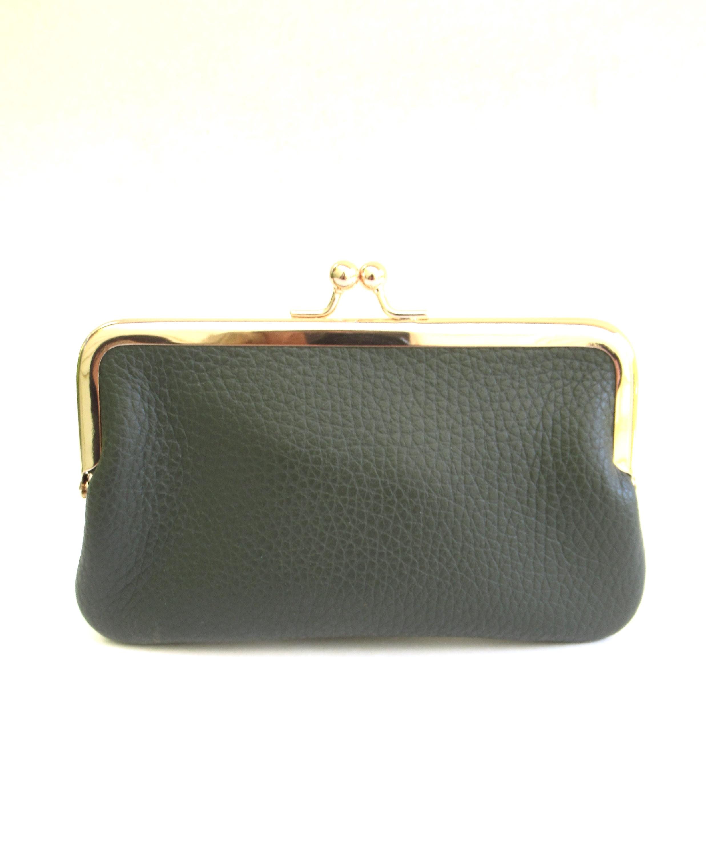 Italian Sage Green Pebbled Leather Kisslock Coin Purse kiss