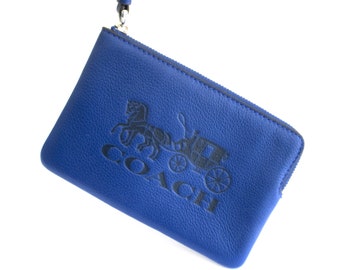 vintage coach cobalt blue leather corner zip wristlet  ... embossed horse and carriage  ... compact  purse ...  pebbled leather