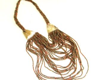 Kenyan  african statement necklace   ...  gold and orange glass beads  ...   kenya aftica  ...  bold  rope necklace